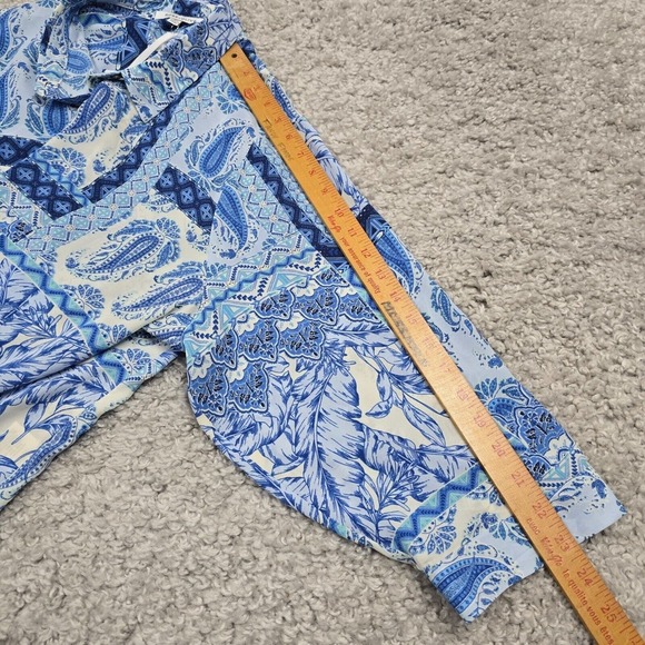 Rose Olive Top Women 2X Blue Button Up Long Sleeve Paisley Patchwork Lightweight - Picture 12 of 13